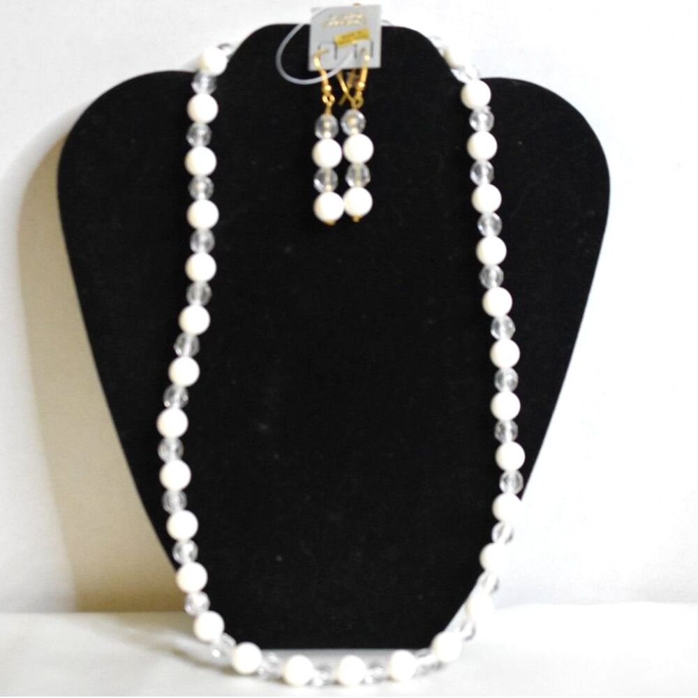 NWT Trendy Frosted/Clear Gold Tone Beaded 2" Hook Earrings 22" Y2K Necklace Set
